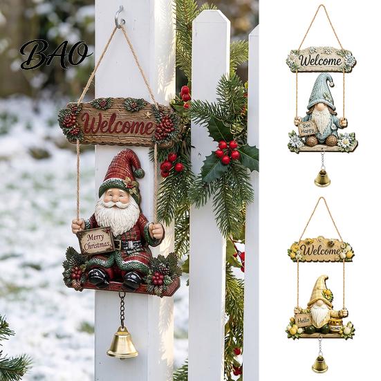 Outdoor Courtyard Decoration Wooden Gnome Door Hanger with Bell, Country Garden Welcome Sign Front Porch Hanging Swing Wall Plaque, Farmhouse Ornament