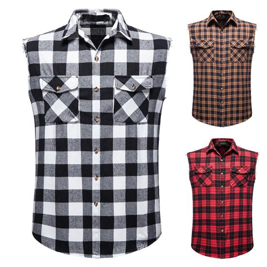 Shirt Vest Fashion Sleeveless 3D Cutting Casual Vest Men Plaid Print Waistcoat Top Men Vest Male Clothing
