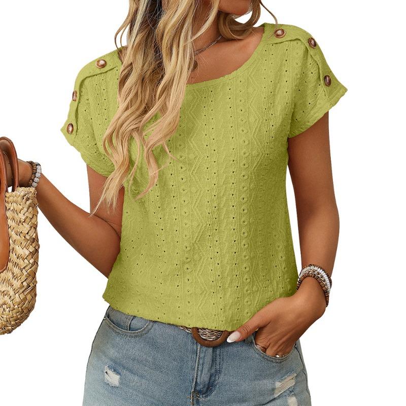 Women's Spring and Summer New Solid Colour Round Neck Button Short-sleeved T-shirt Hollowed Out Tops