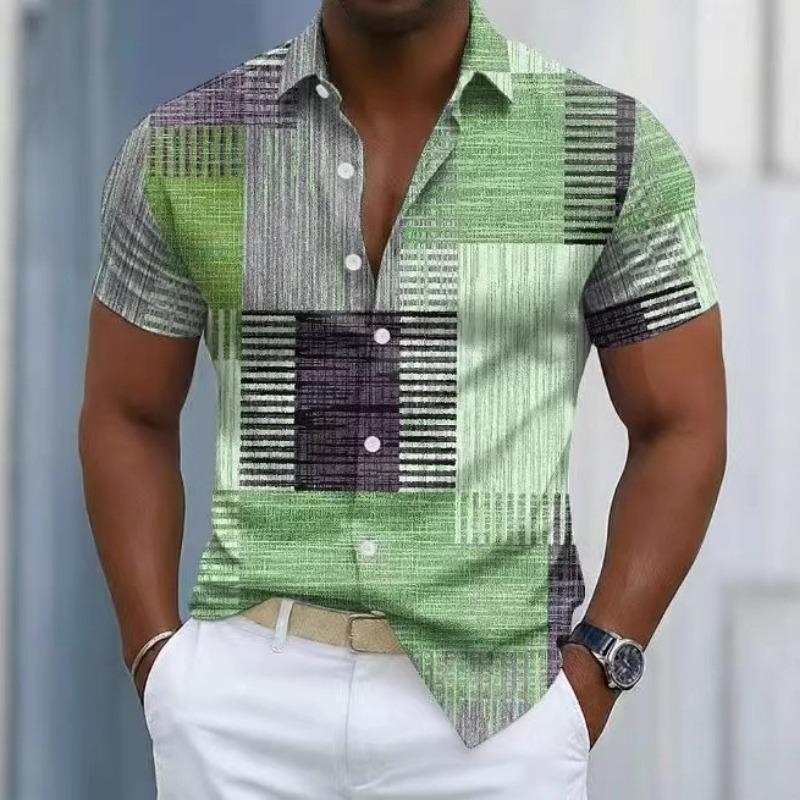 Men's Geometric Patchwork Printed Short Sleeve Button Down Shirt