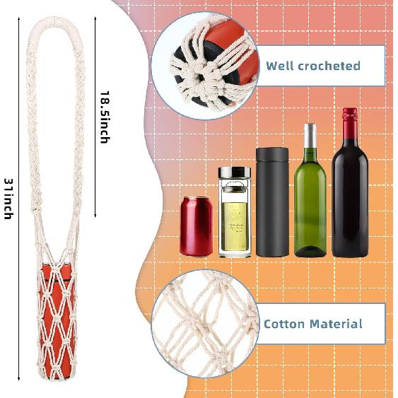 Lothee 2 Pcs Macrame Water Bottle Carrier Cotton Water Bottle Bag Long Strap Boho Water Bottle Holder Woven Macrame Bottle Holder for Adult Sling