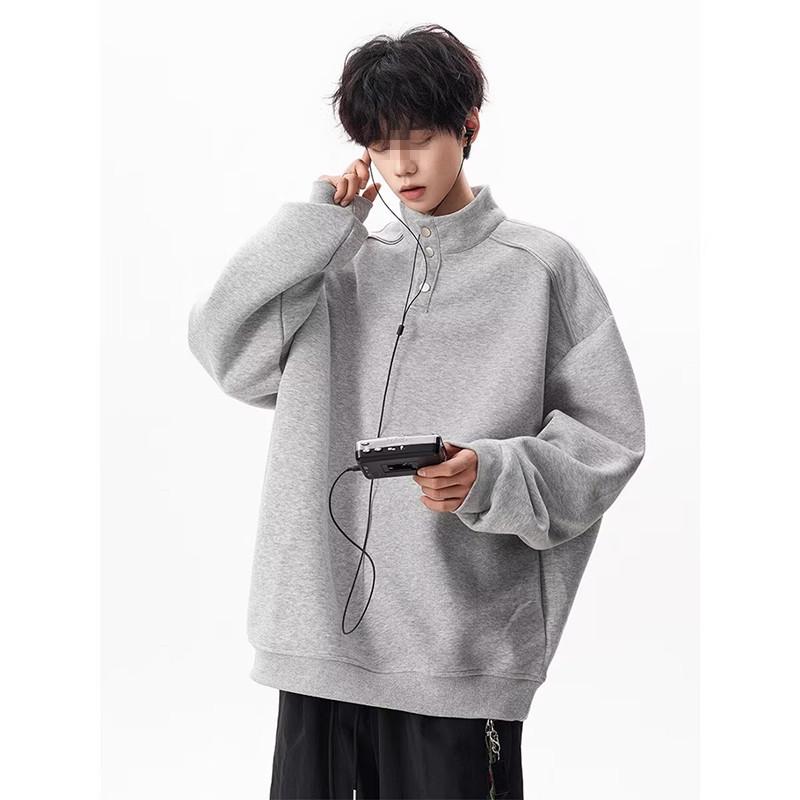 Men's Heavyweight Half-Zip Hoodie with Stand-Up Collar - Trendy Deconstructed Streetwear for Autumn/Winter