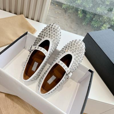 Cowhide Version~ Leather Round Head Rhinestone Rivets Mary Jane Single Shoes Women's Flat Comfortable Ballet Dancing Shoes