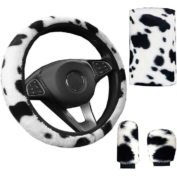 Dotesy 4 Pcs/Set Fluffy Faux Wool Car Steering Wheel Cover & Furry Auto Center Console & Gear Shift Knob & Handbrake Cover Universal Warm Winter