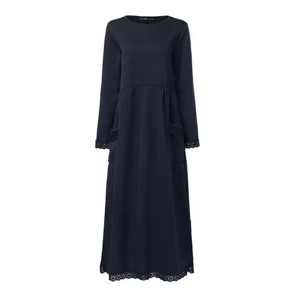 Women's Autumn and Winter Warm Fleece Long Sleeve Lace Sweater Dress Casual Pocket Dress
