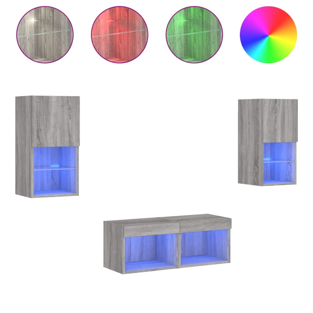 4 Piece TV Wall Unit with LED Lights Grey Sonoma
