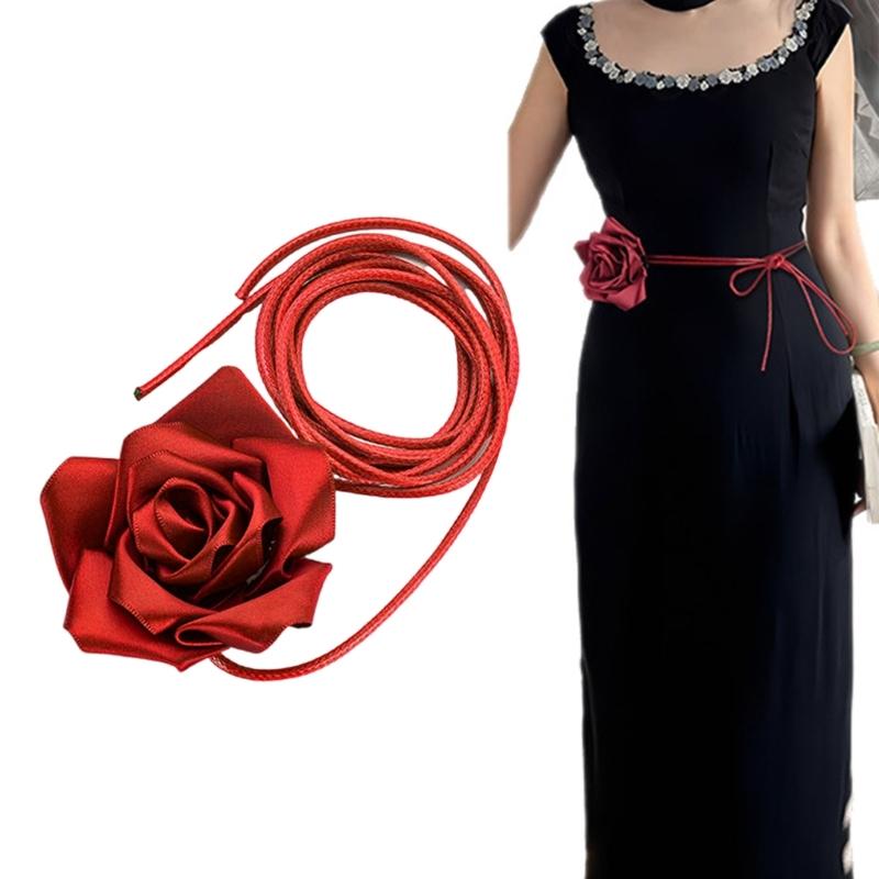Ribbon Rose Flower Belt Adjustable Waistband Choker Necklace Waist Jewelry for Women Wedding Party Formal Event