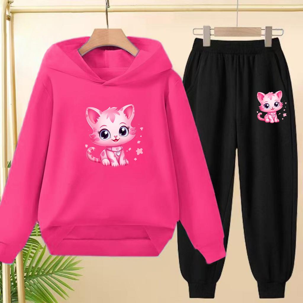 Children Clothes Sweatshirt Set Hooded Sweatshirt with Long Pants Cartoon and Lively Little Cat Girl Pink Set 3-13 Years Old Top