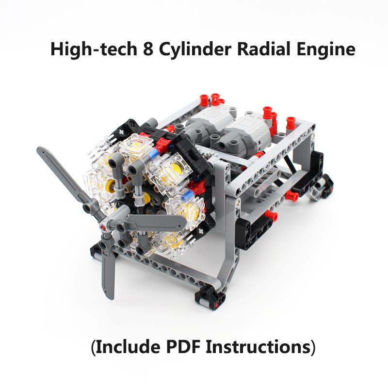 MOC High-tech 8 Cylinder Radial Engine with Small Rotor Blade Model Building Blocks Compatible with PF Set DIY Engine Bricks Toy