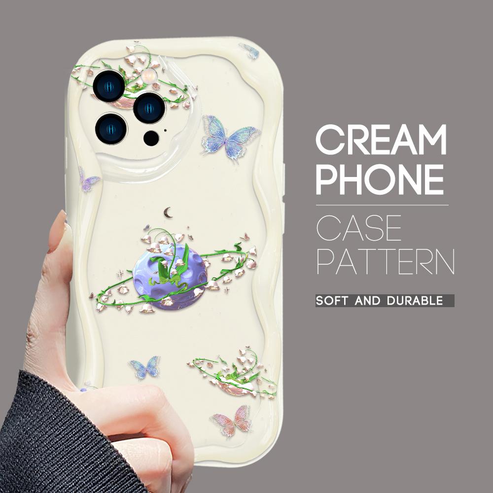 For iPhone 16 15 14 13 12 Pro Max Samsung S24 Ultra S23 S22 Plus Redmi Note 13 Pro Flowers Cream Texture Casing Wavy Edge Soft Silicone Phone Case