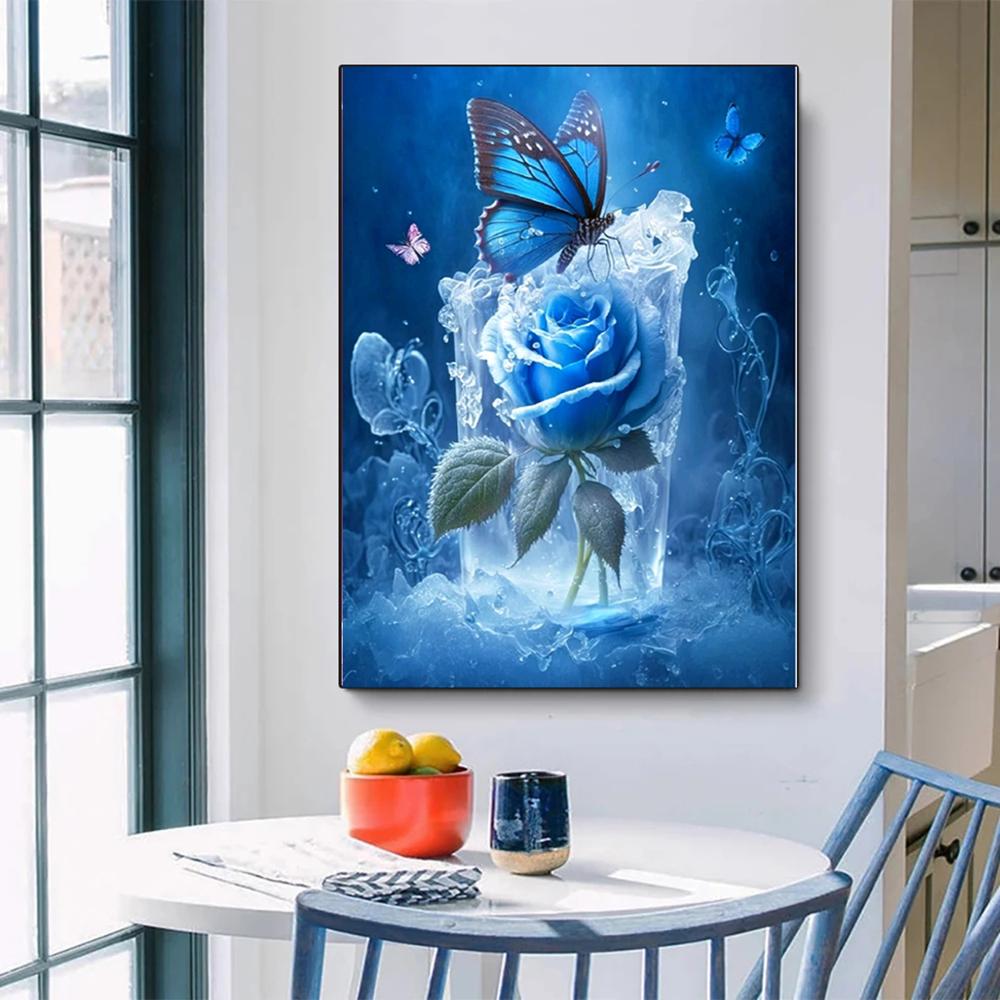 DIY 5D Diamond Painting Blue Rose Butterfly Flower Picture New 2023 Mosaic Art Diamond Embroidery Cross Stitch Kits Crystal Inlay Home Decor U63