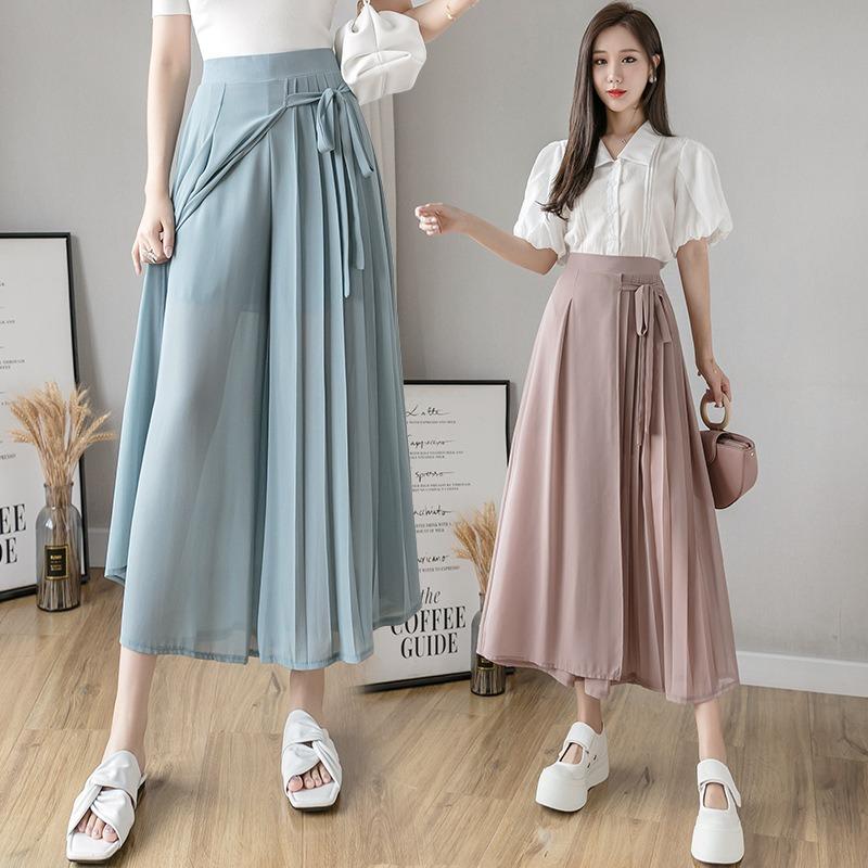 Spring New Chiffon Trousers Large Size Elastic Waist Casual Pants Lace-up Mesh Trousers Skirts Women's Clothing