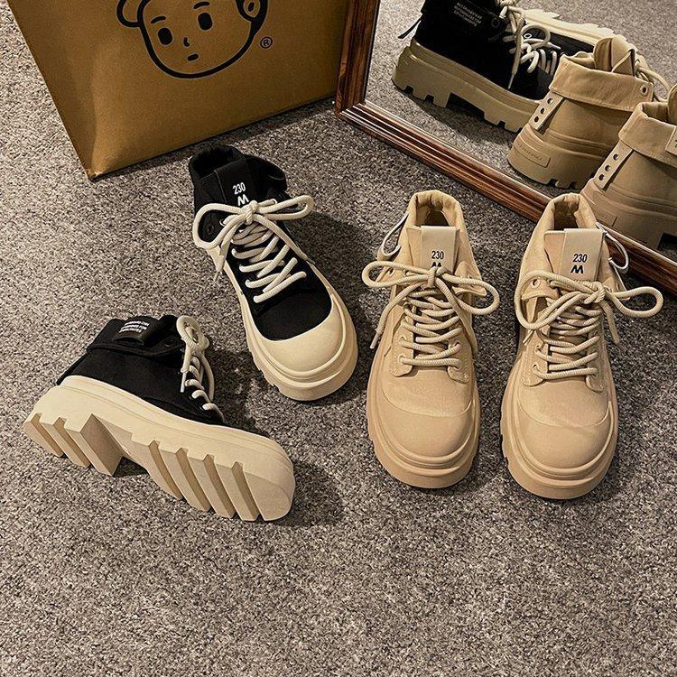 Wasteland wind Martin boots women's 2025 autumn new popular British style platform short boots inner height-increasing canvas mountaineering boots