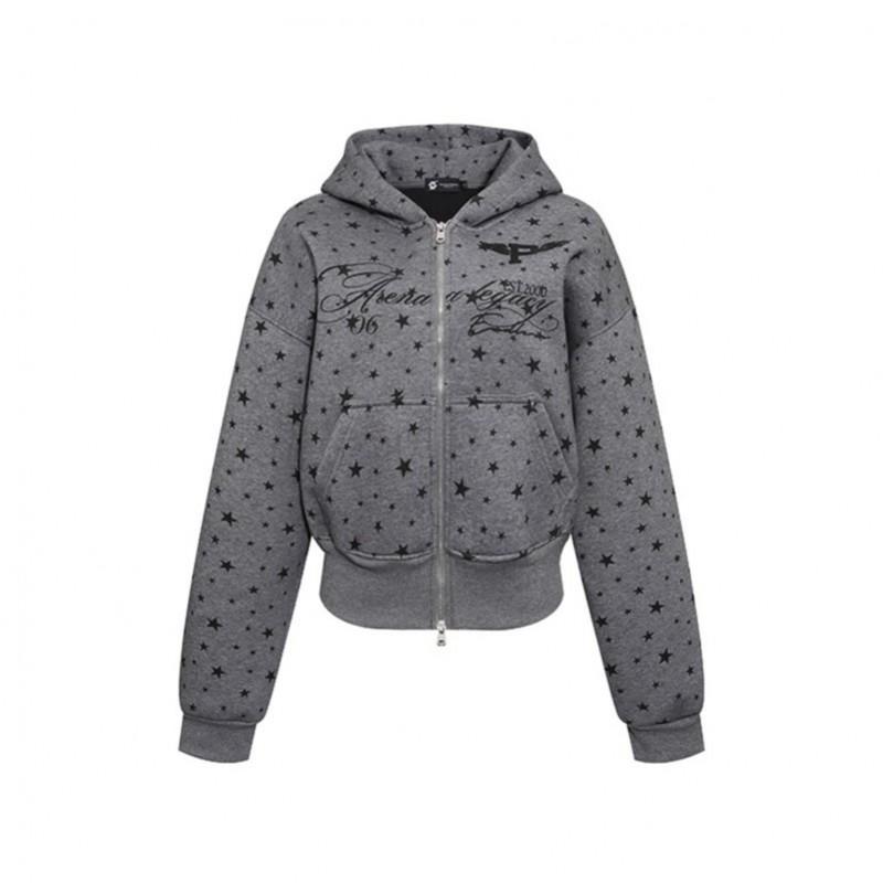American Retro Star Print Hoodie Loose Fit Cropped Zip Up Streetwear Teens
