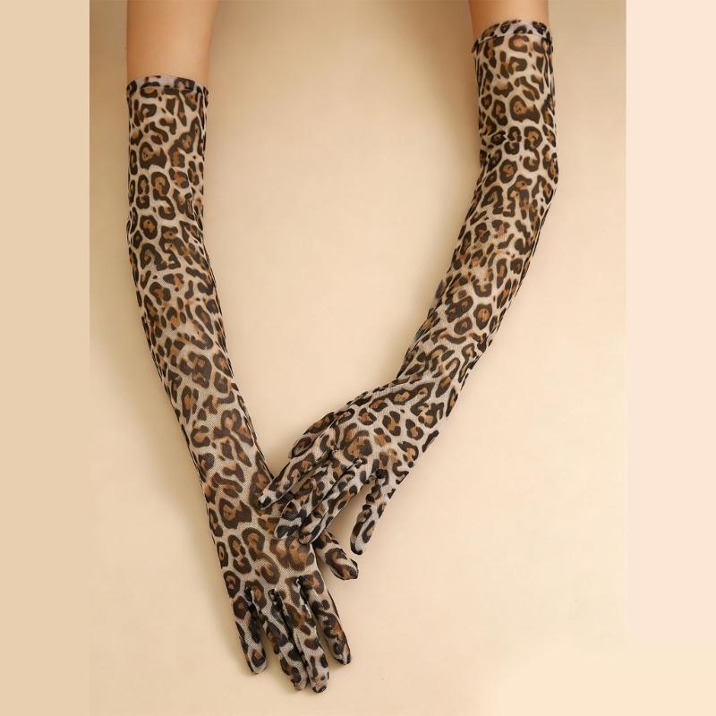 Eleganti Guanti Lunghi in Rete con Stampa Leopardata Accessorio Cosplay Guanti Lunghi Elasticizzati fino al Gomito per Feste da Ballo ed Eventi di Ballo