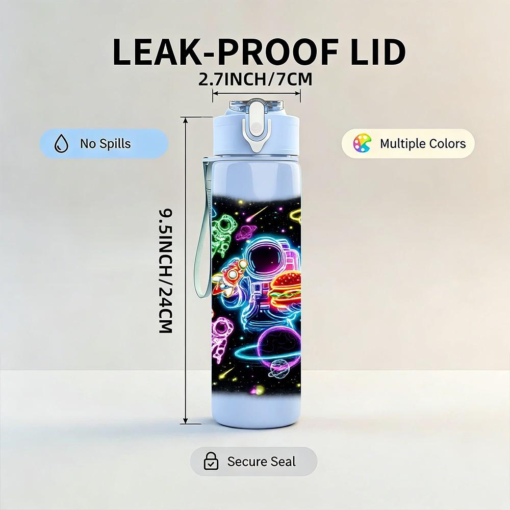 1PC Neon Glow Abstract Graffiti Print 750ml Color Plastic Sports Water Bottle Leakproof Flip Straw Lid Suitable for Sports Office Home Use