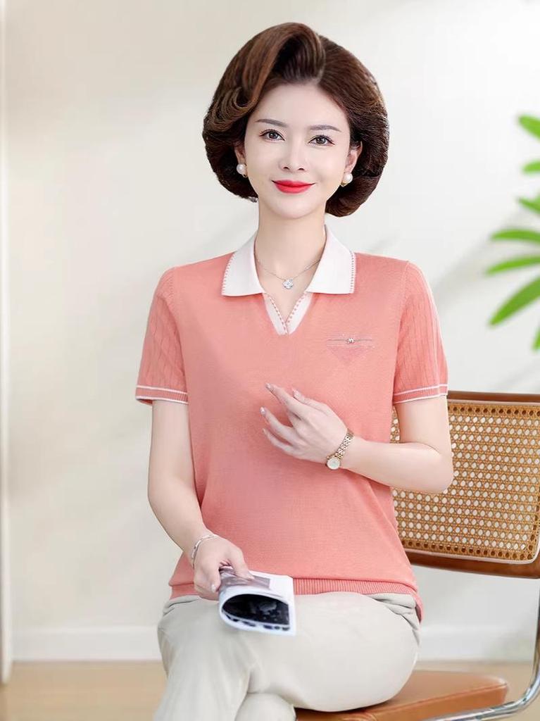 Stylish Embroidered Ice Silk Polo Shirt: Women's Color Block Short Sleeve Summer Tee