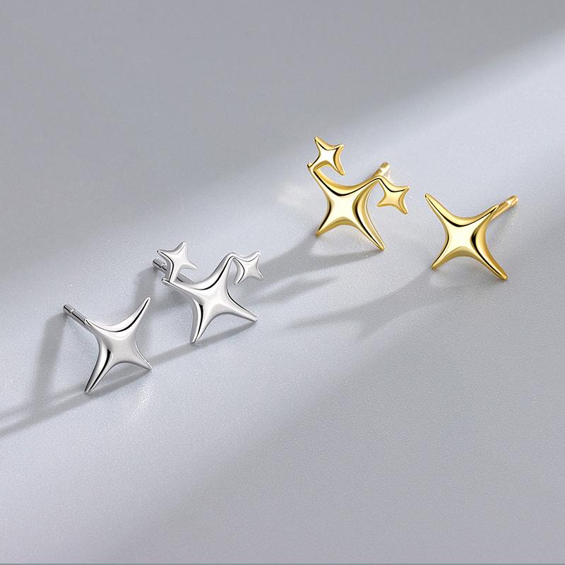 S925 Silver Needle Gold Color Star Small Stud Earrings For Women Girl Korean Tiny Asymmetry Cross Earring Summer Jewelry Gift