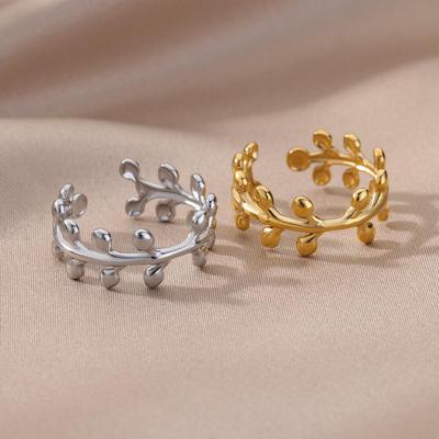 European-American Stainless Steel Leaf Geometric Ring - 18k Gold-Plated, Adjustable for Men and Women