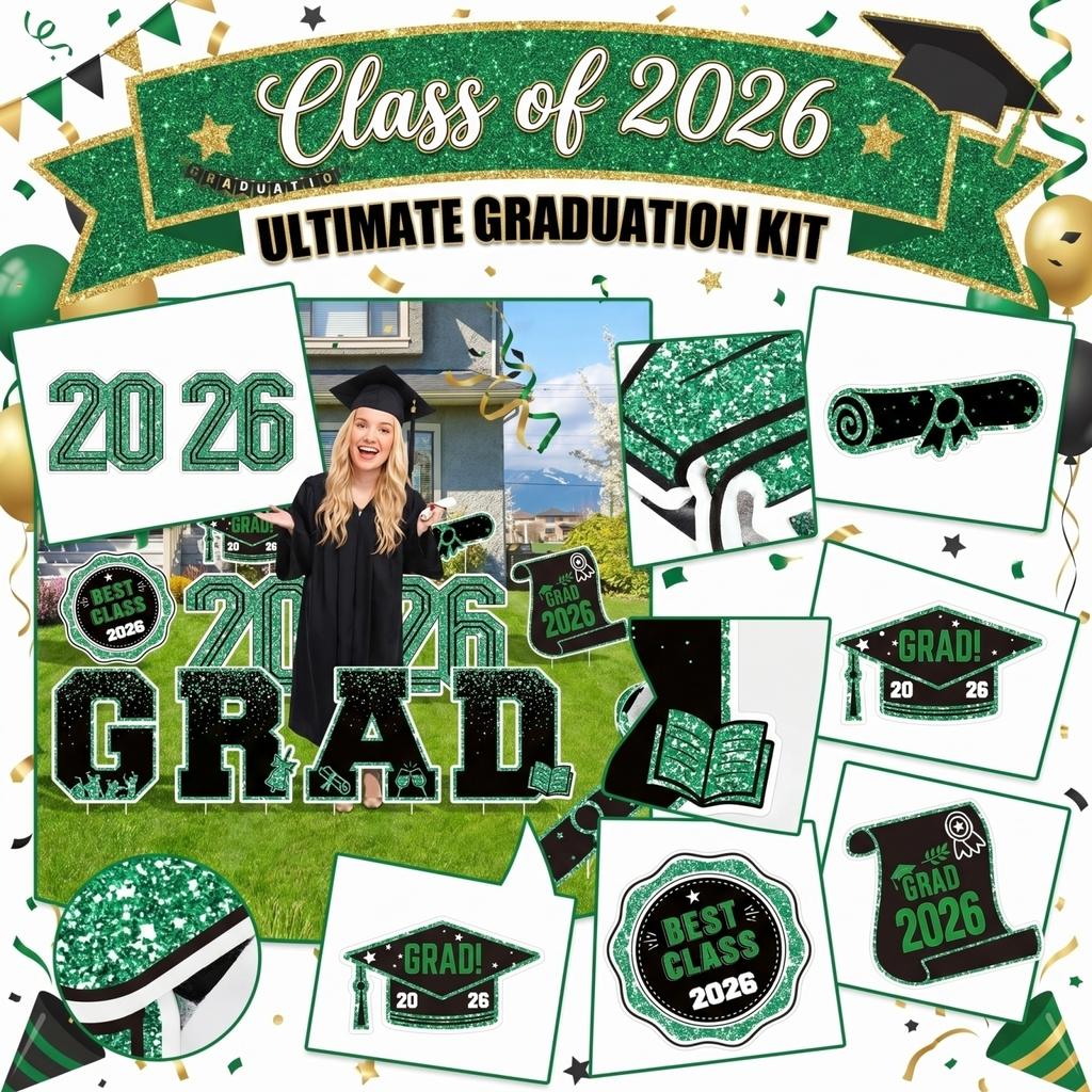 Class of 2026 Graduation Banner Set with Decorative Letters Numbers and Diploma Shaped Cutouts for Party Decor