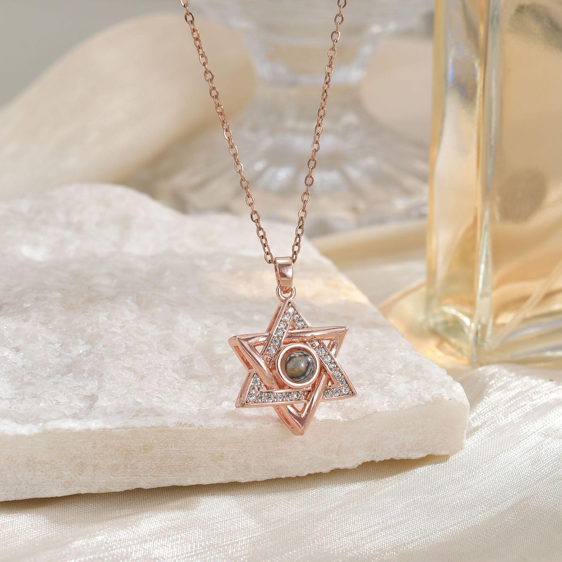 Douyin Love Memory 100 Languages I Love You Projection Necklace - Women s Hexagram Style, Fade-Resistant