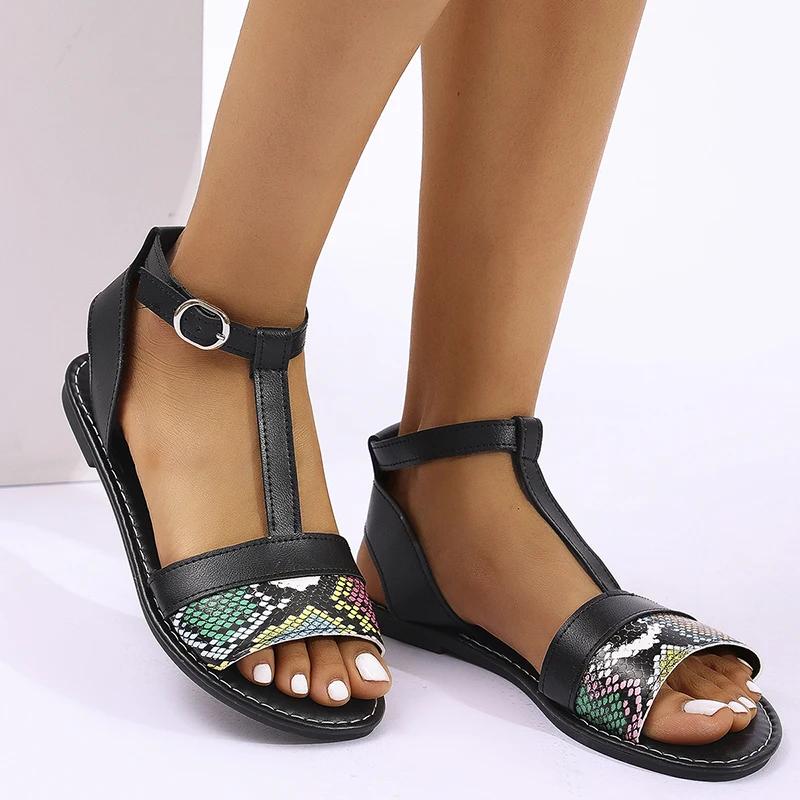 

Fashion Summer Printed Low Heel Sandals for Women Plus Size Black Open Toe Sandal Female Fashion Non Slip Anckle Wrap Sandals Female 43 чёрный