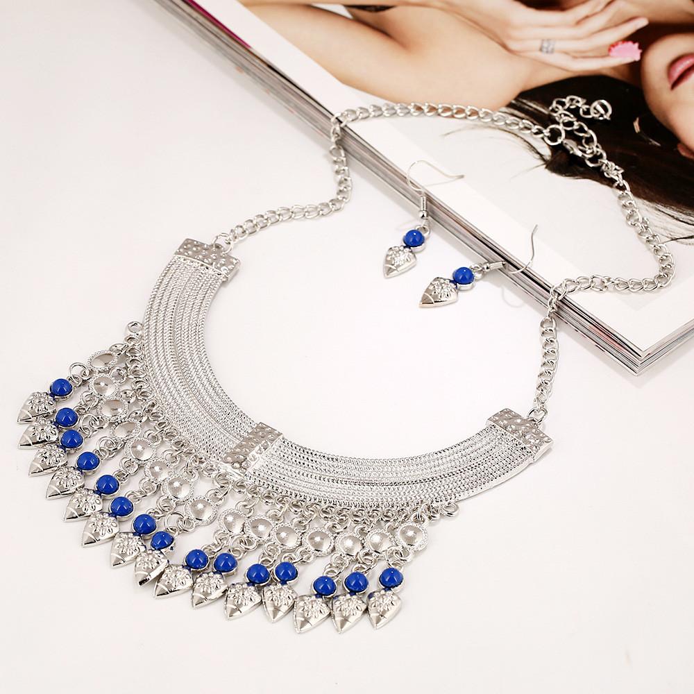 Necklace Fashion Tassel Eardrop Set With Layered Chain And Gemstone Details