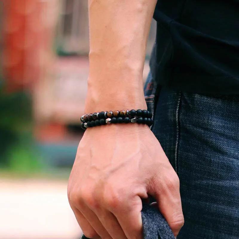 Minimalist Beaded Bracelet For Men 6mm Hematite Onyx Tiger Eyes Stone Braclet Leisure Accessories Pulseras Para Hombre