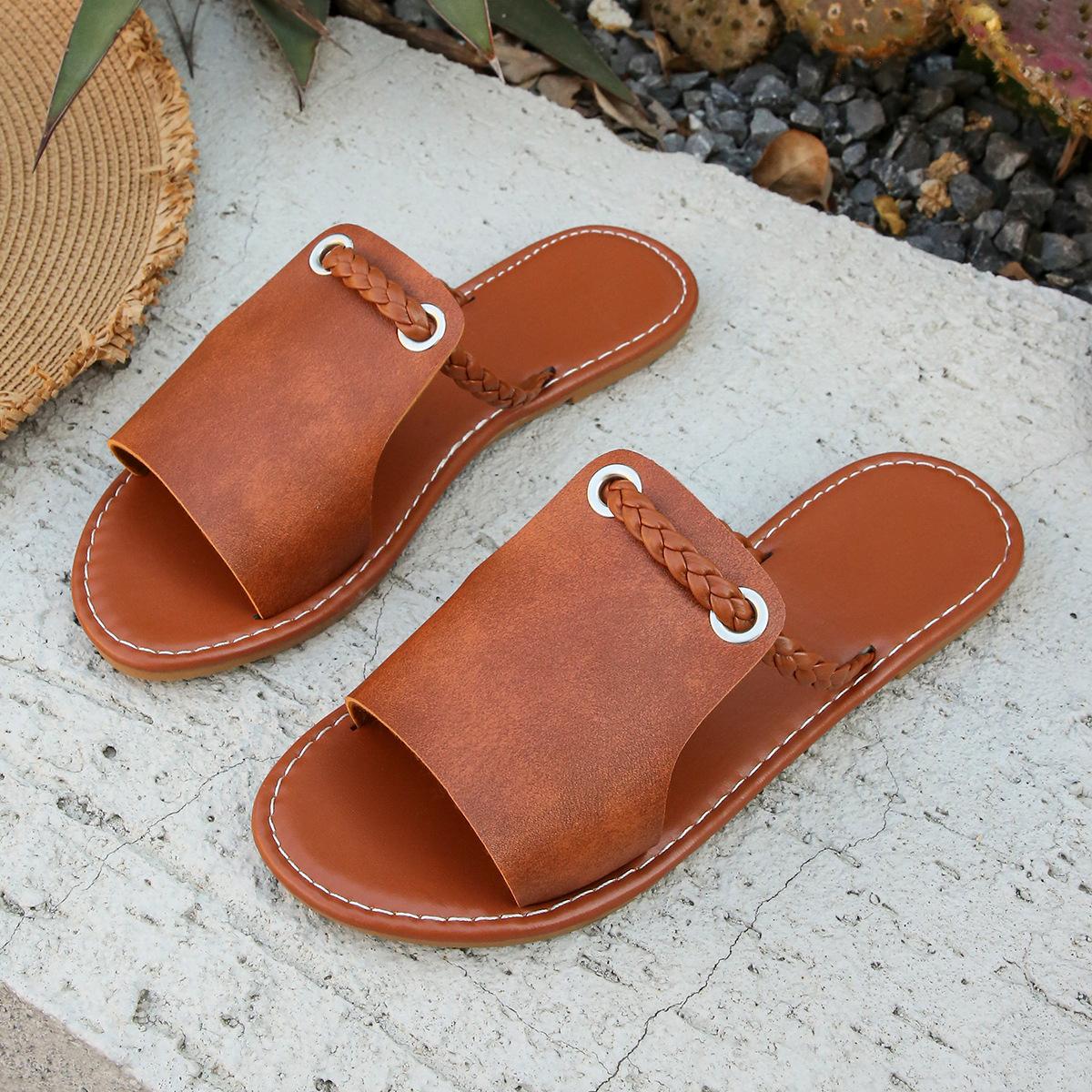 

European and American foreign trade large size woven slippers with fish mouth women s solid color outer wear one word beach cool slippers 2025 43 темно-коричневого