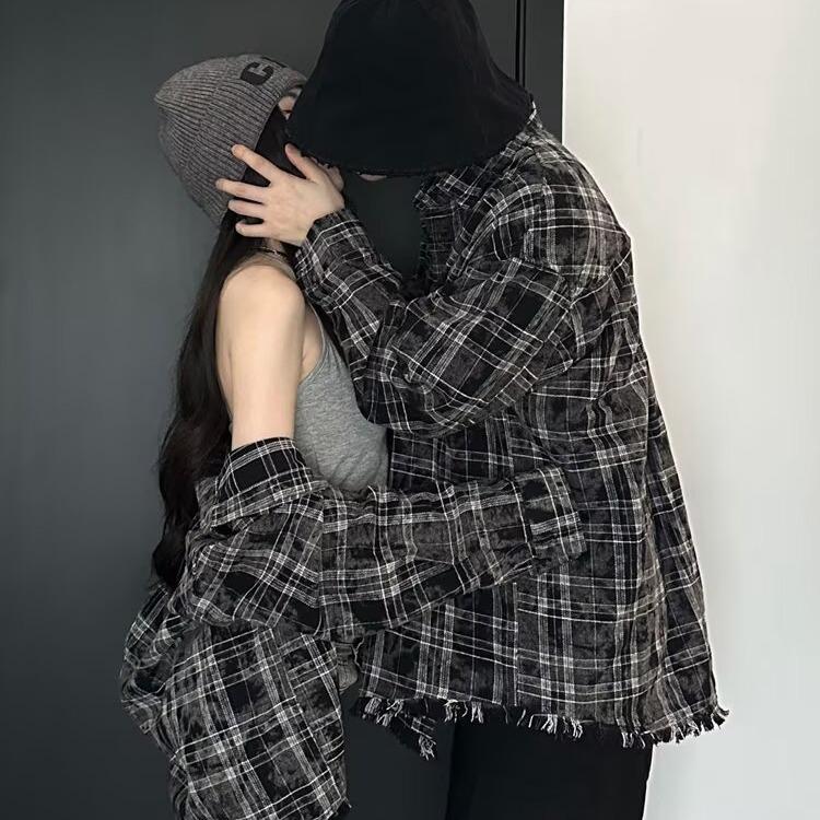 

Unisex Retro Tie-Dye Plaid Frayed Long Sleeve Shirt Jacket - Casual Spring/Autumn Wear XL чорний