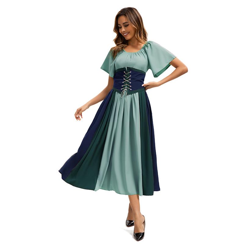 European and American New Products Medieval Retro Contrasting Color Splicing Lace-up Waist Swing Skirt Masquerade Ball Dress Dress Dress
