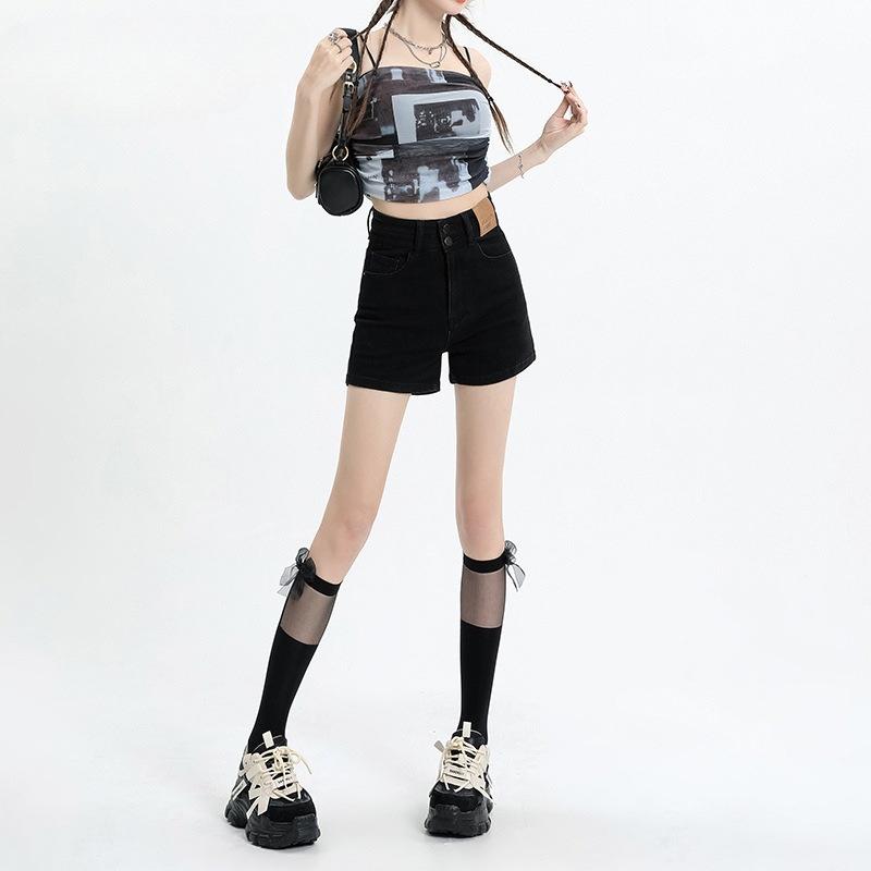 

Ретро джинсовые шорты женские летние новые с высокой талией для похудения облегающие маленькие утягивающие шорты А-силуэта с широкими штанинами 2XL чёрный