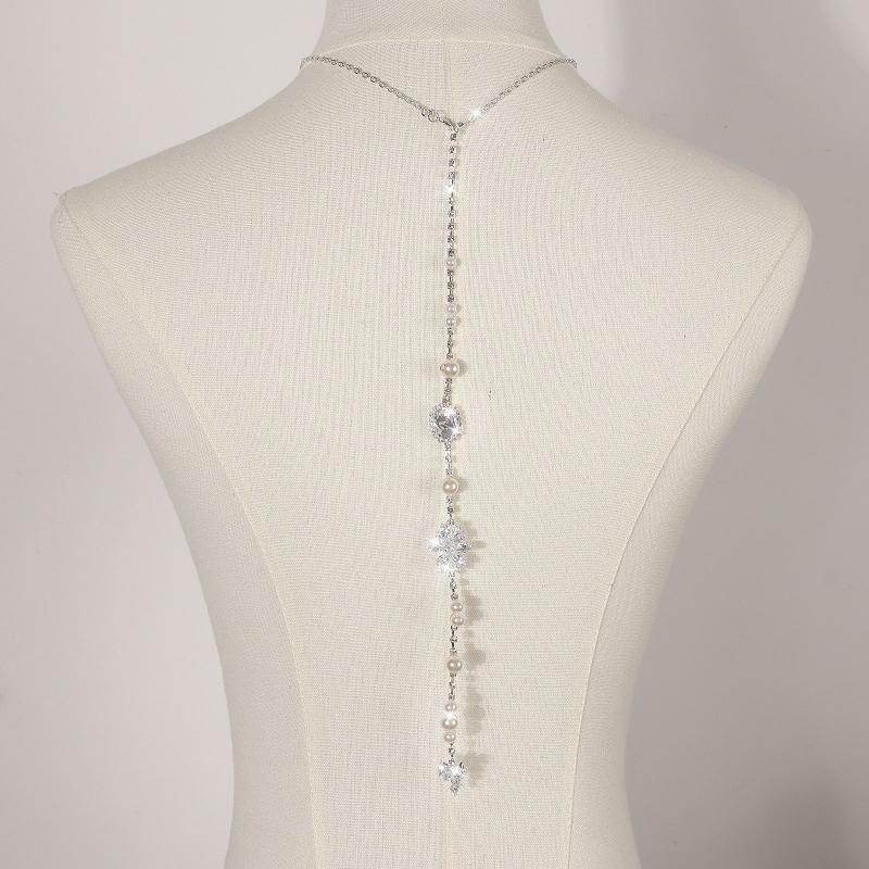 Rhinestone Pearl Back Chain Necklace Long Drop Backless Dress Jewelry For Women Wedding Party Accessories