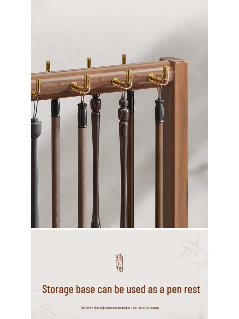 Solid Wood Hanging Calligraphy Brush Rack with Metal Hooks - Desktop Storage Holder for Scholar's Four Treasures.