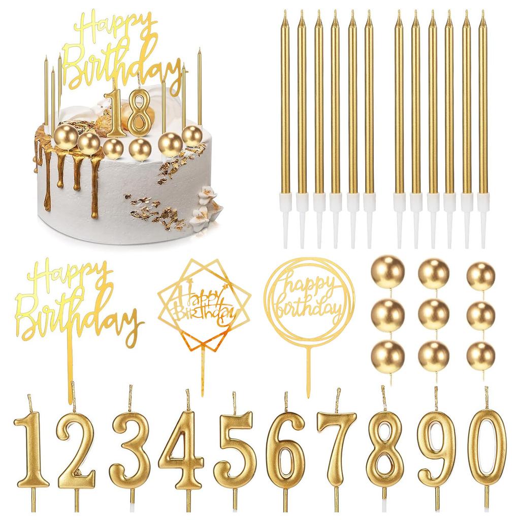34 Pcs Happy Birthday Cake Toppers Decorations Birthday Candles for Men Women with 12 Long Thin Candles 10 Number Candl