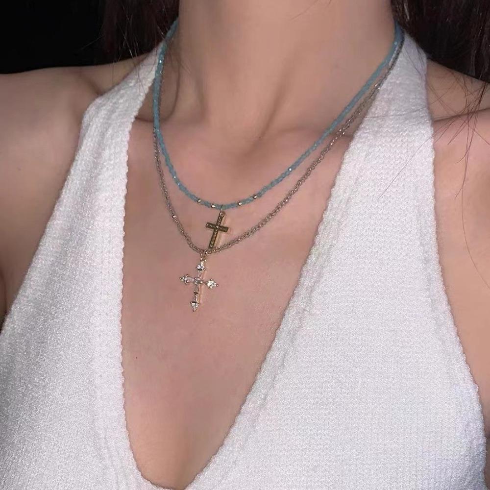 Exquisite Temperament Sliver Color Stainless Steel Cross Pendant Blue Crystal Beads Fine Chain Necklace for Women Charm Jewelry