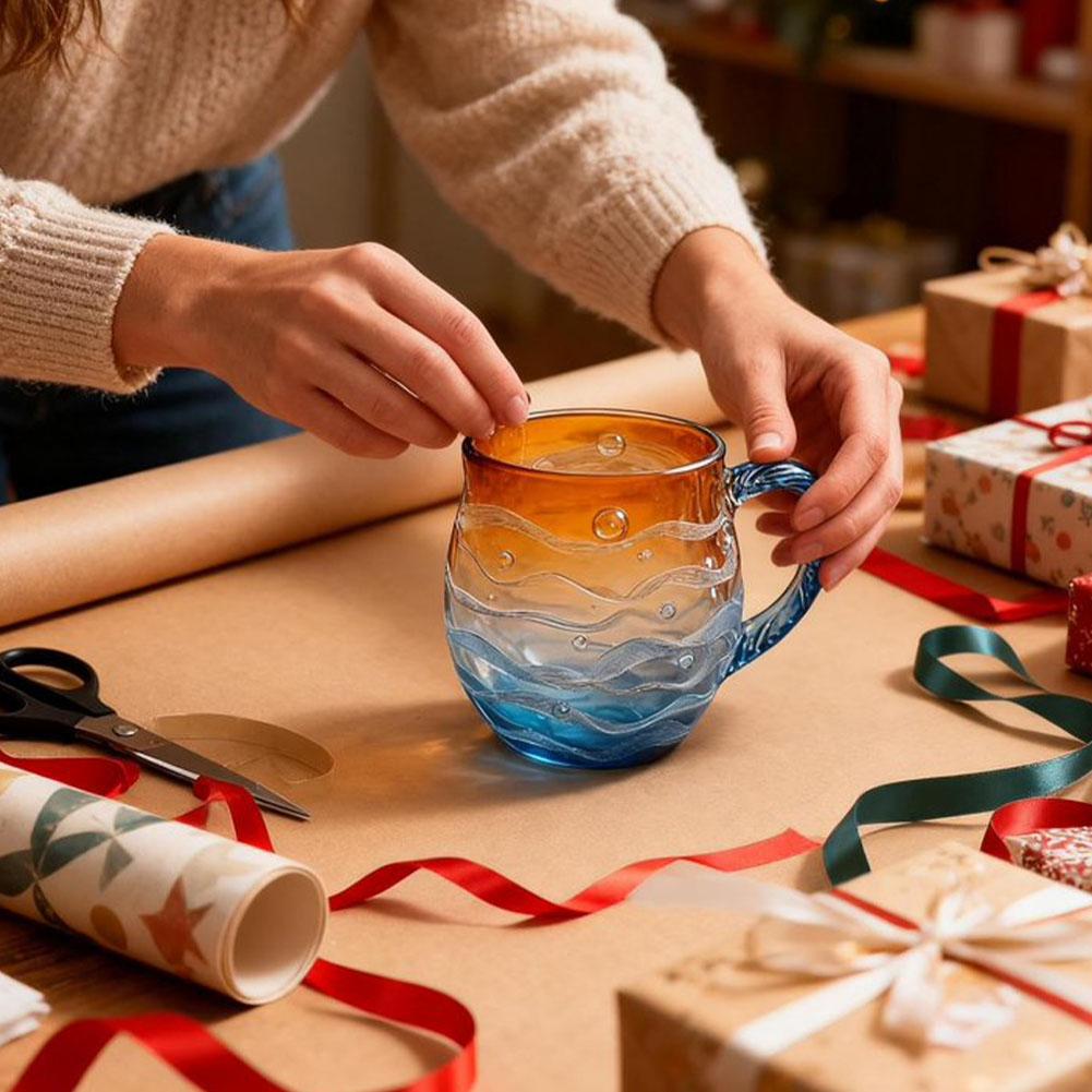 350ml Handmade Sunset Ocean Glass Cup Afternoon Tea Office Mug Unique Design Orange Gradient Blue Sending Spoons