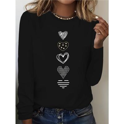 Ladies' Spring and Autumn Clothing Colorful Heart Printed T-shirt Long Sleeve Round Neck Casual Top