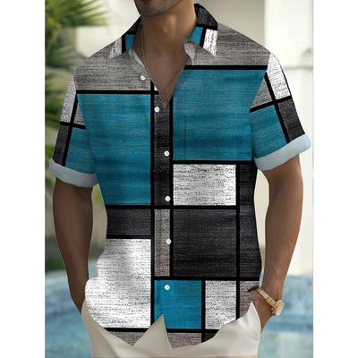 Retro geometrik baskılı düğmeli gömlek - Erkek yazlık günlük giyim