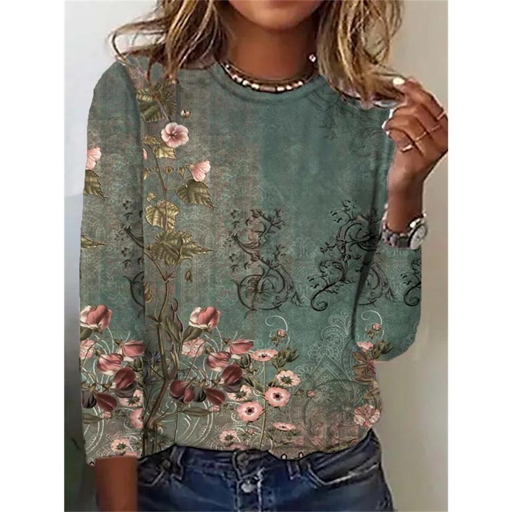 Women s floral pattern T-shirt 3D printed round neck long sleeved shirt XS