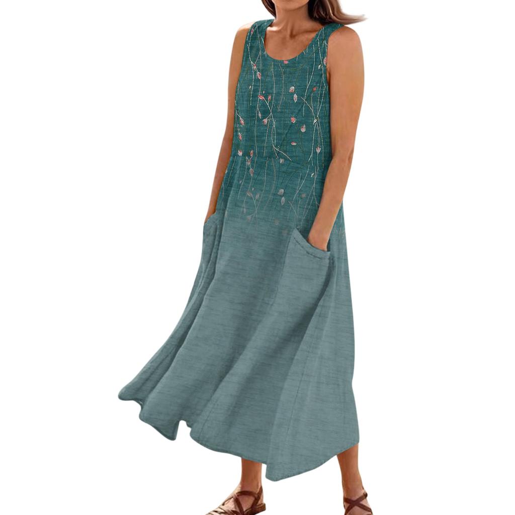 Women's Summer Casual Fashion Flower Printed Sleeveless Pocket Dress