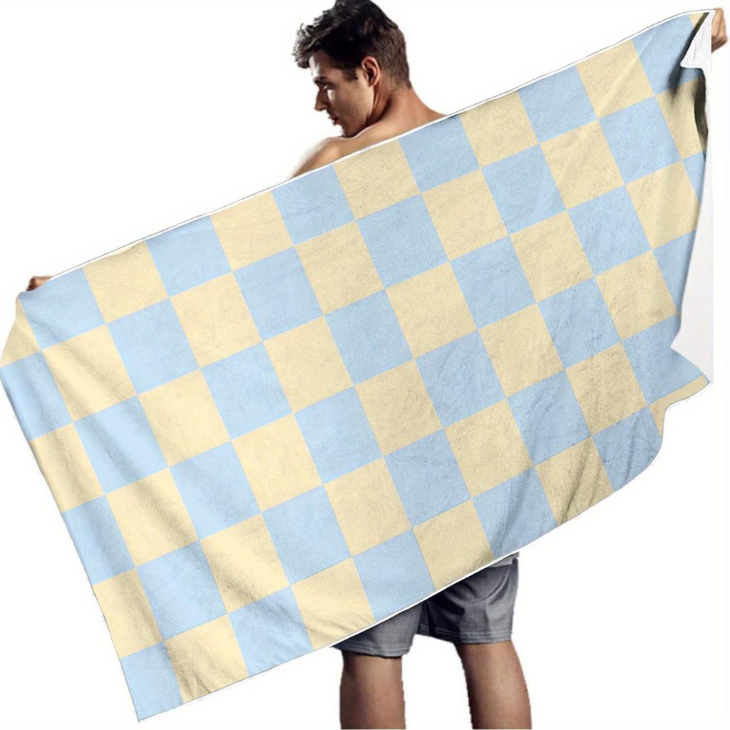 Large Checkerboard Beach Towel, Blue Yellow Plaid Design, Quick Dry Microfiber, Sand Free, Perfect for Pool, Travel, Summer