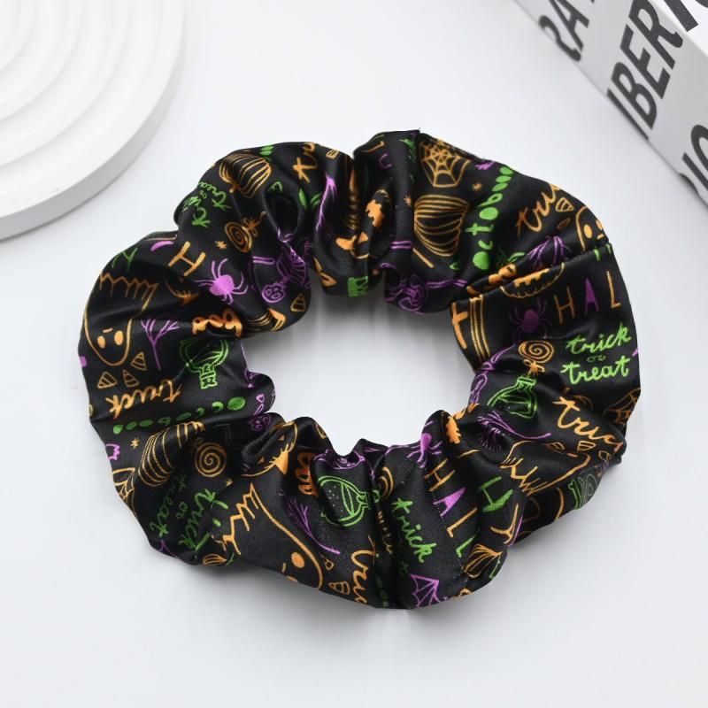 Halloween Themed Hair Tie Elastic Scrunchie Women Purple Beige Ghost Pumpkin Moon Design