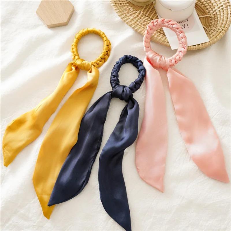 1pc DIY Solid Weave Bow Satin Long Ribbon Ponytail Scarf Hair Tie Scrunchies Women Girls Elastic Hair Bands Hair Accessories