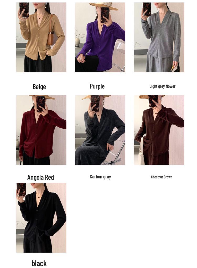 Women's V-Neck Lightweight Wool Cardigan - Ribbed Knit, Pleated, Long Sleeve, Versatile Layer