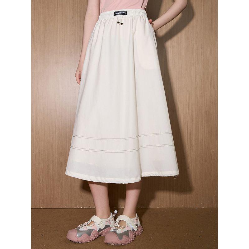 Coolhut2025 Summer Layered Elastic Waist Mid-Length Solid Color A-Line White Skirt Loose Casual