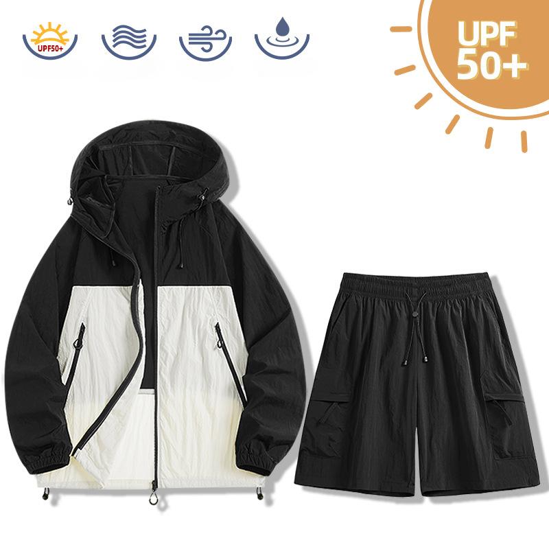 Summer Men's Ice Sunscreen Suit Hooded Jacket and Shorts Set Lightweight Quick Drying Two Piece Set Couple Style