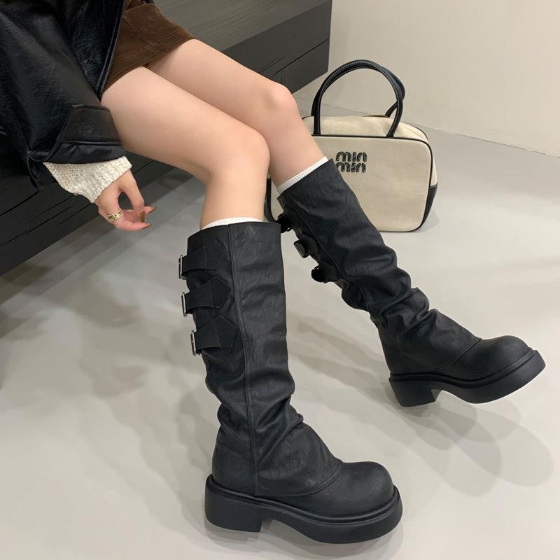 Belt buckle thick heel high boots women's winter new boots thick-soled wasteland women's boots medium heel round head boots