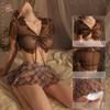 Sexy Schoolgirl JK Costume 3-Piece Sheer Lingerie Pleated Micro Skirt Cosplay Temptation Suit