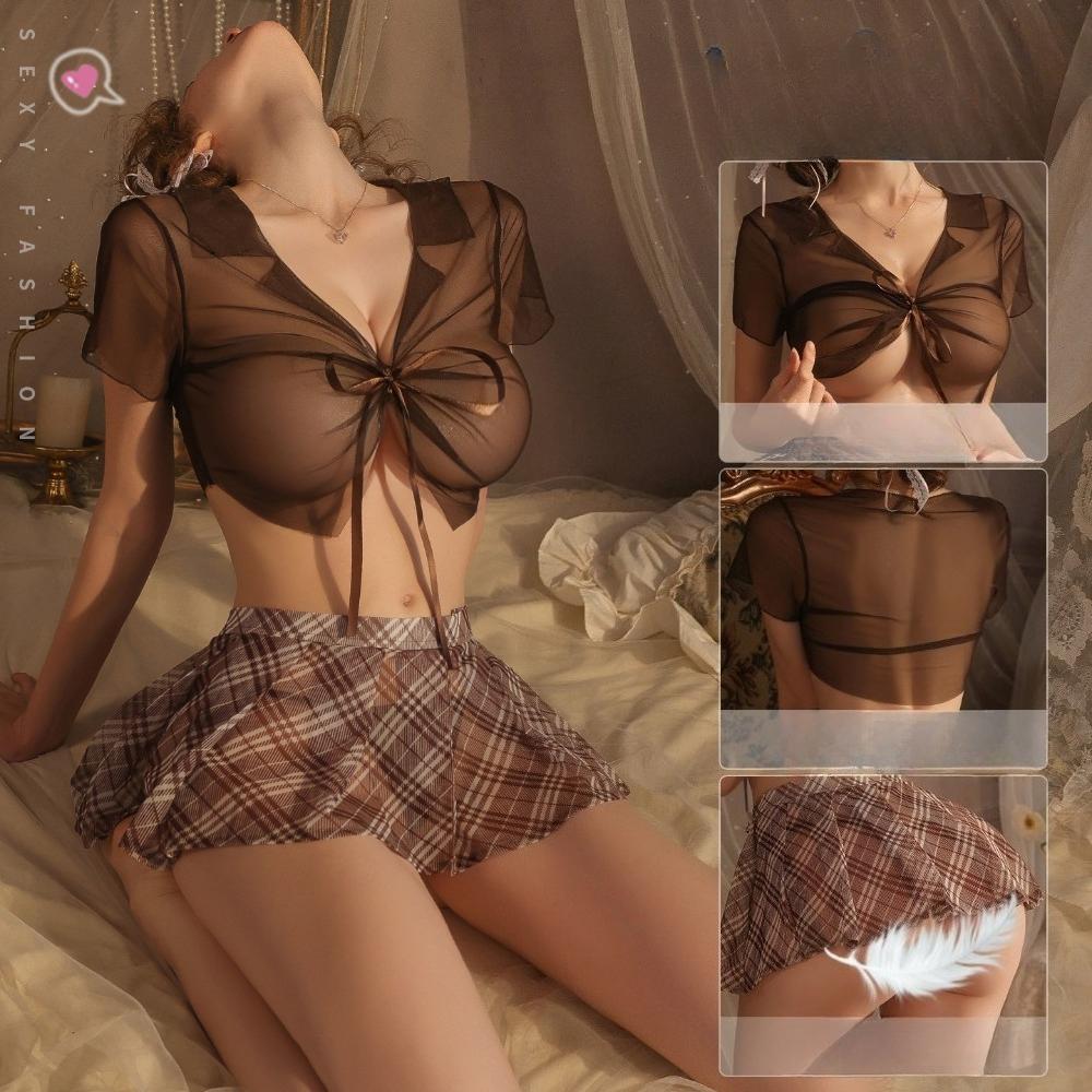 Sexy Schoolgirl JK Costume 3-Piece Sheer Lingerie Pleated Micro Skirt Cosplay Temptation Suit